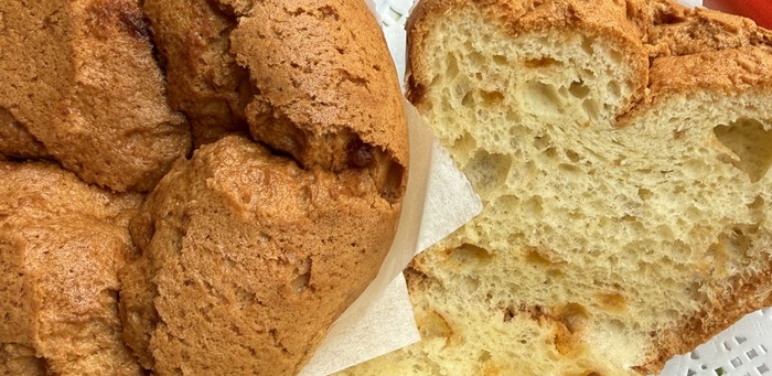 Butterscotch spongie cake, whole and sliced open