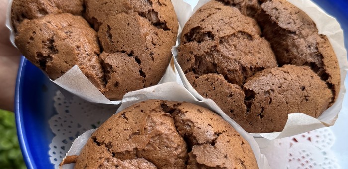 Triple Chocolate spongie cakes on a blue plate